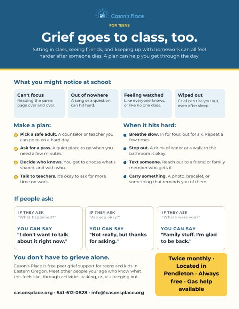 Preview of the Grief Goes to Class one-pager for teens
