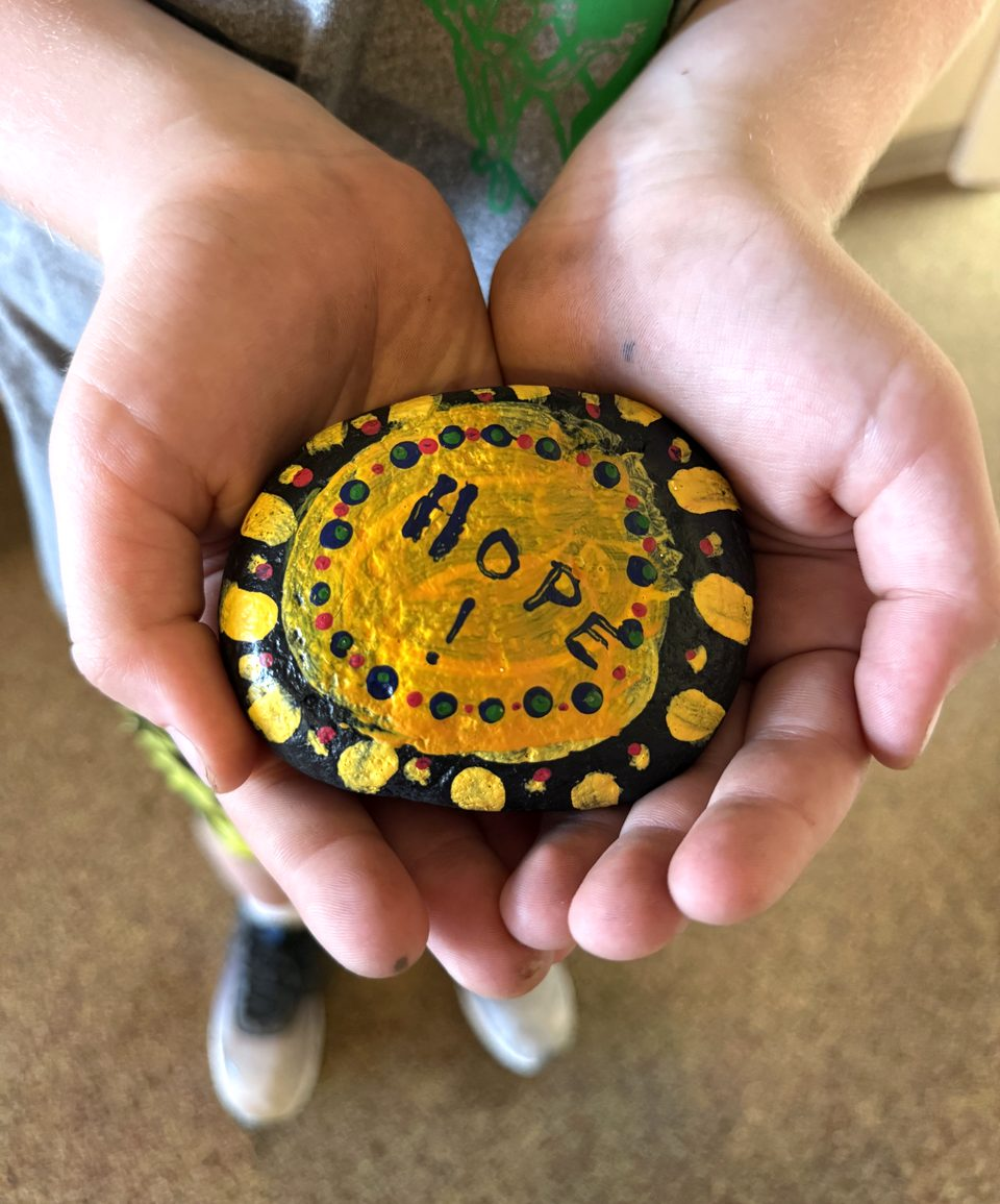 Two hands holding a painted rock that says hope