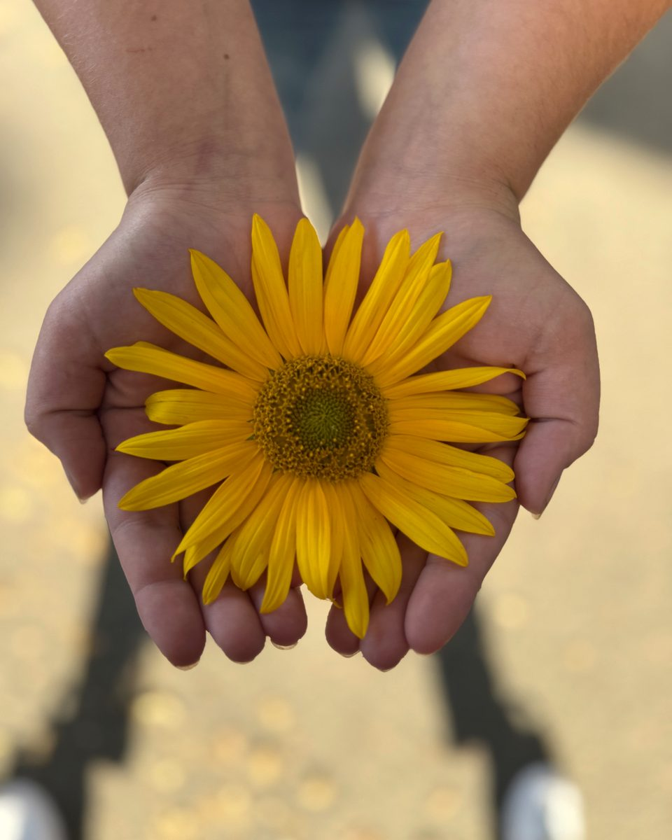 Open hands holding a sunflower